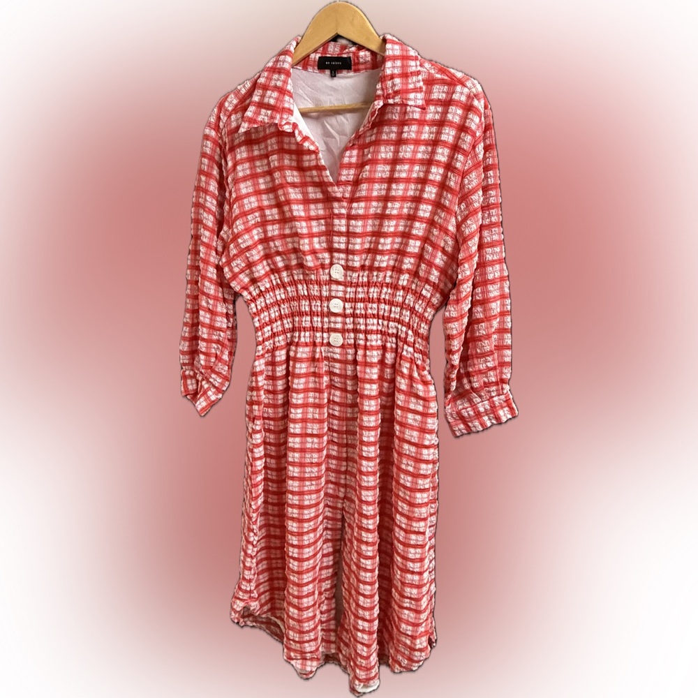 En Saison Red White Plaid Long Sleeve Shirtdress